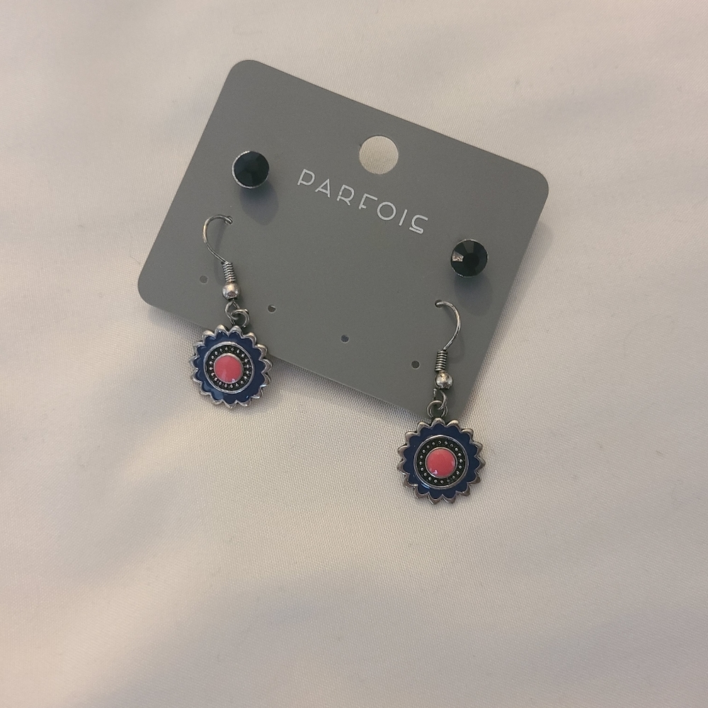Blue and Pink Floral Hanging Earrings with Studs